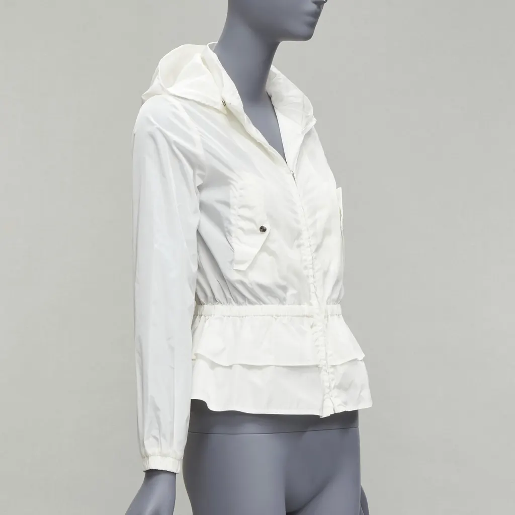 Gucci Ivory Peplum Hooded Jacket Ecru Polyamide Never worn, with tag - Model View