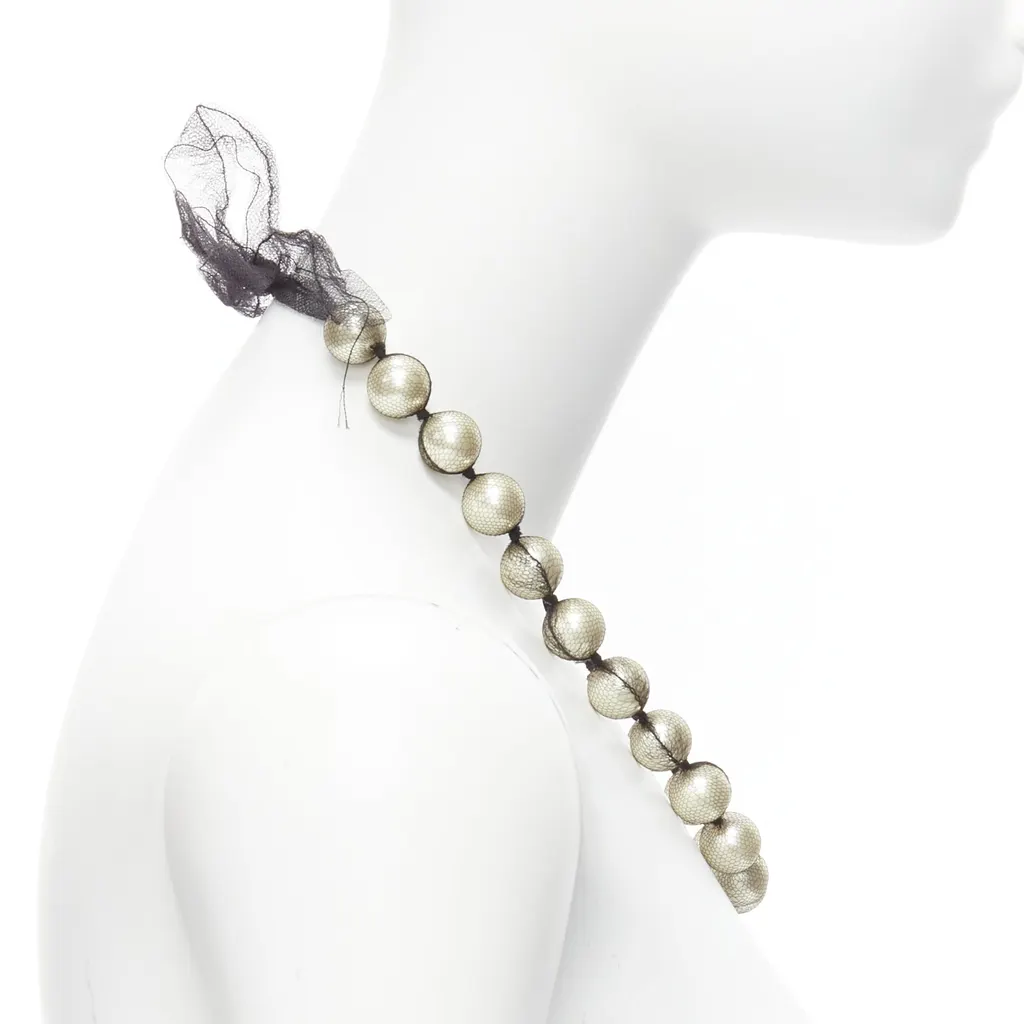Lanvin Ribbon Wrap Necklace Beige Pearl Never worn - Model View