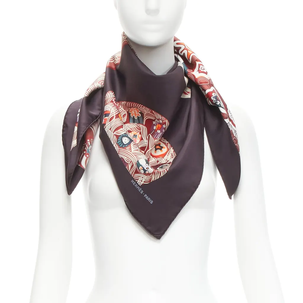 Hermès Dark Floral Scarf Purple Silk Never worn - Front View