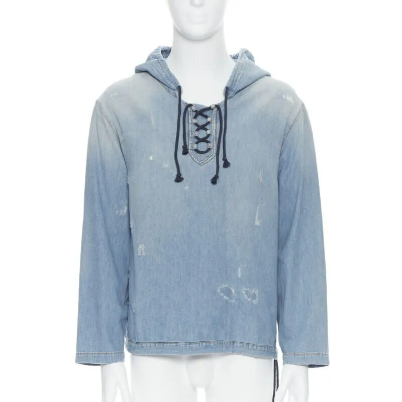 Saint Laurent Destroyed Lace Up Hoodie Blue Never worn - Front View