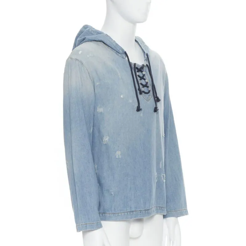 Saint Laurent Destroyed Lace Up Hoodie Blue Never worn - Inside View