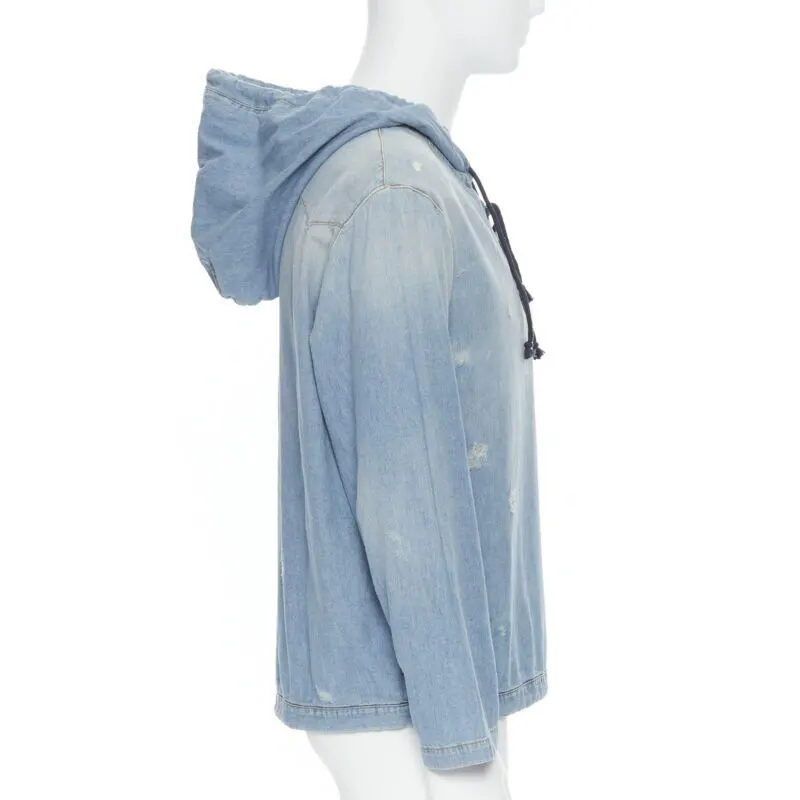 Saint Laurent Destroyed Lace Up Hoodie Blue Never worn - Model View