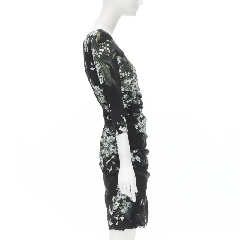 Dolce & Gabbana Floral Ruched Dress Black Silk Never worn, with tag - Box View