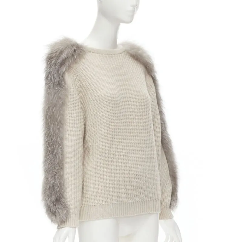 Brunello Cucinelli Fur Sleeve Sweater Beige Cashmere Never worn - Front View
