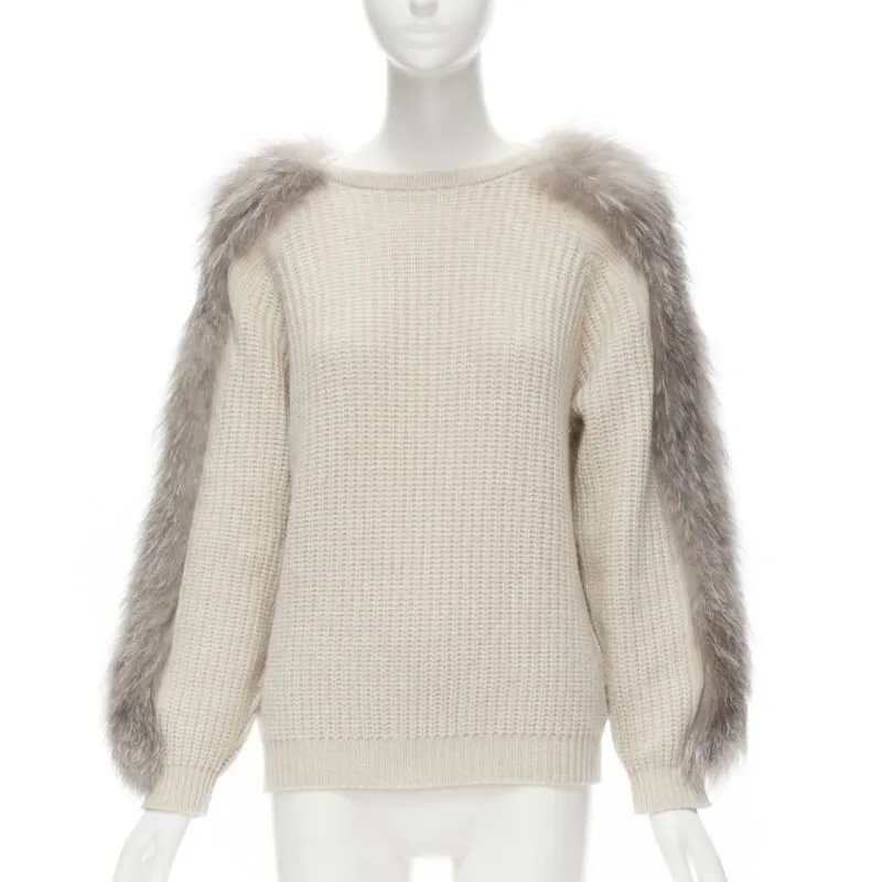Brunello Cucinelli Fur Sleeve Sweater Beige Cashmere Never worn - Inside View