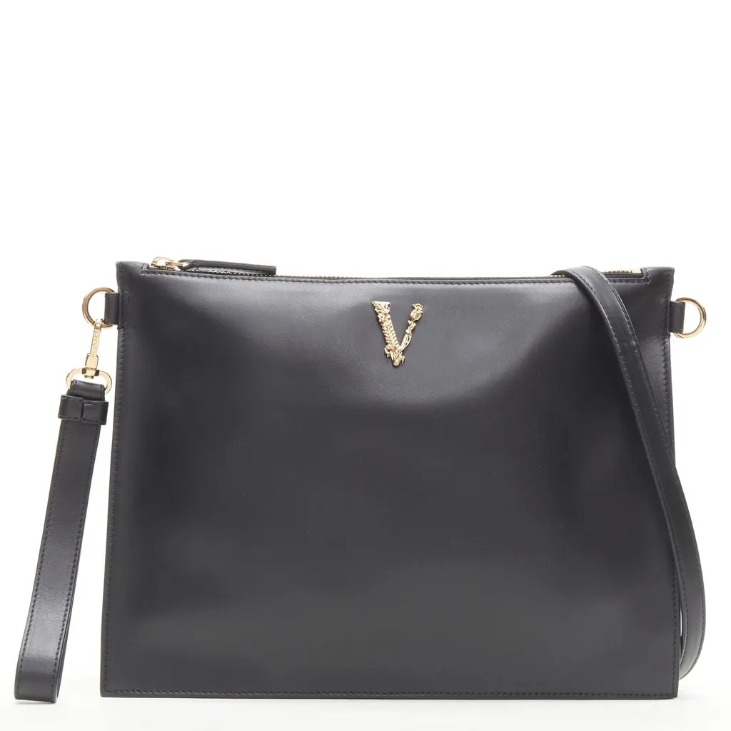 Versace Virtus Zip Clutch Black Leather Never worn - Front View