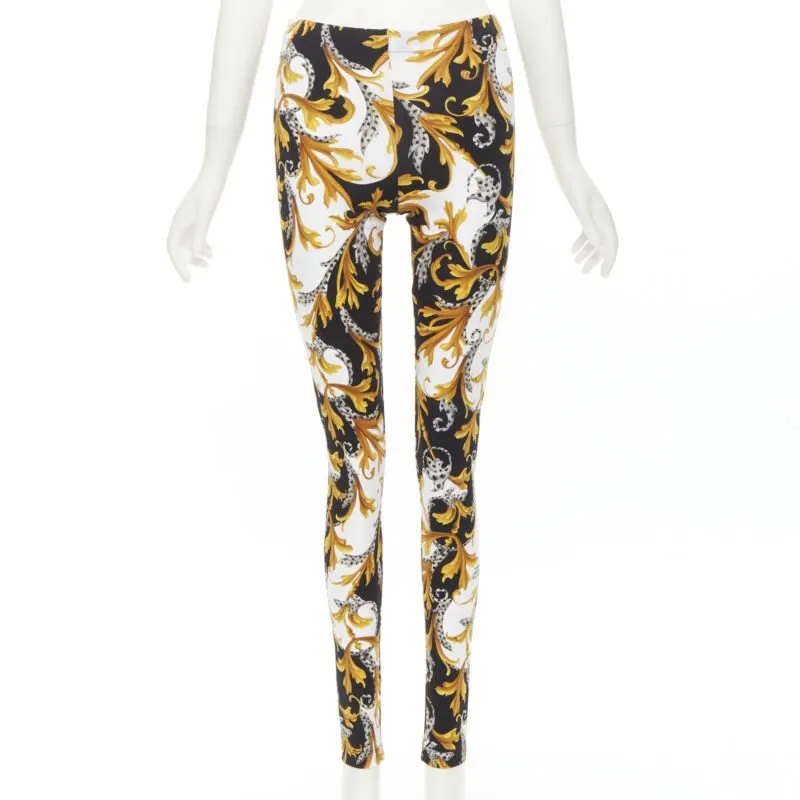 Versace Floral Legging Pants Gold Polyamide Never worn, with tag - Front View