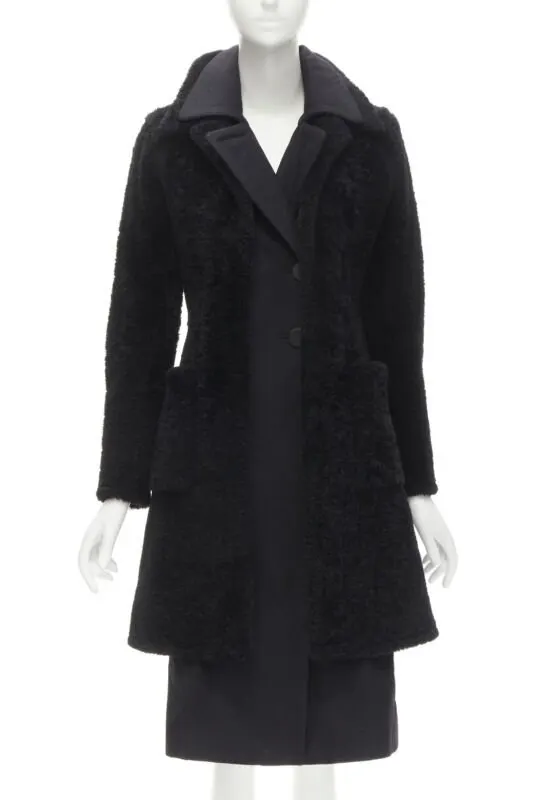 Celine Black Shearling Coat Black Fur Very good - Front View
