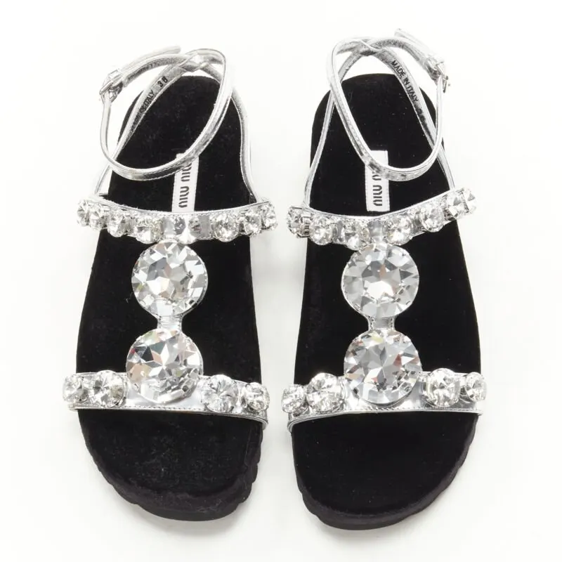 Miu Miu Rhinestone Sandals Silver Leather Never worn - Front View