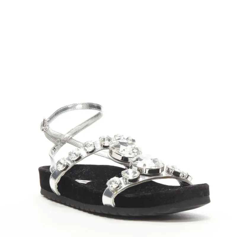 Miu Miu Rhinestone Sandals Silver Leather Never worn - Inside View