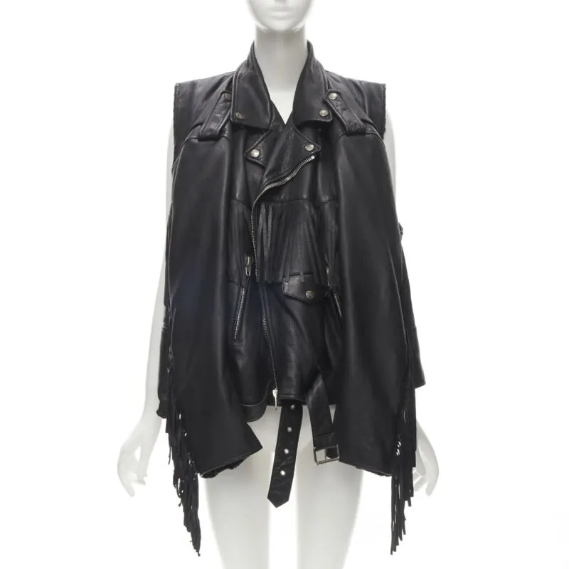 Balenciaga Fringed Biker Jacket Black Polyester Never worn - Front View