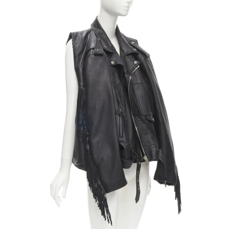 Balenciaga Fringed Biker Jacket Black Polyester Never worn - Model View