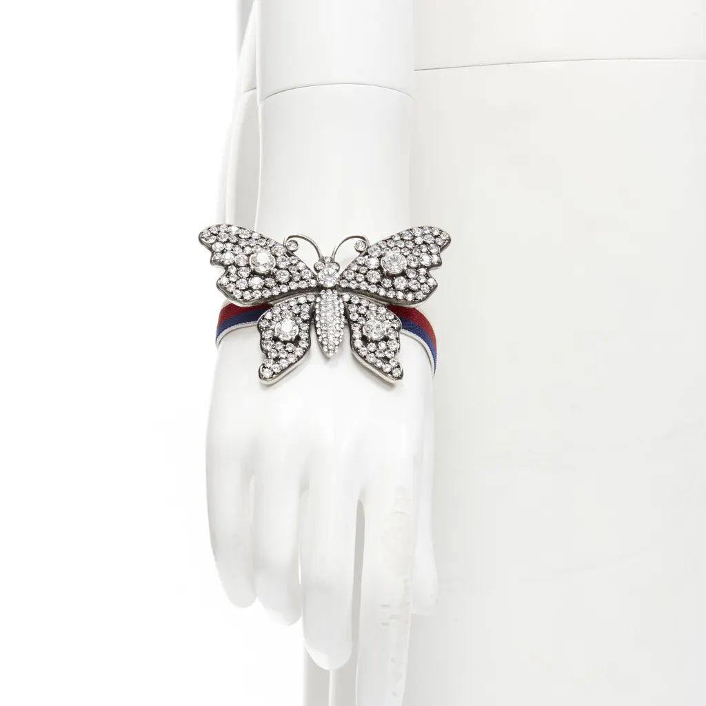 Gucci Crystal Butterfly Bracelet Silver Metal Never worn - Front View