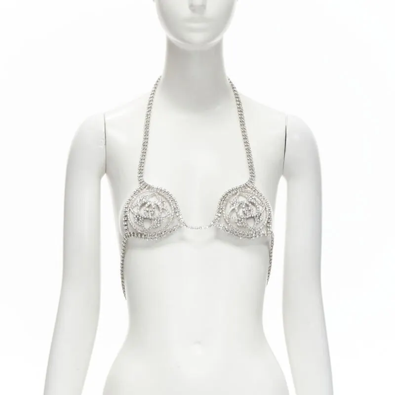 Gucci Rhinestone Showgirl Bra Silver Polyester Never worn - Front View