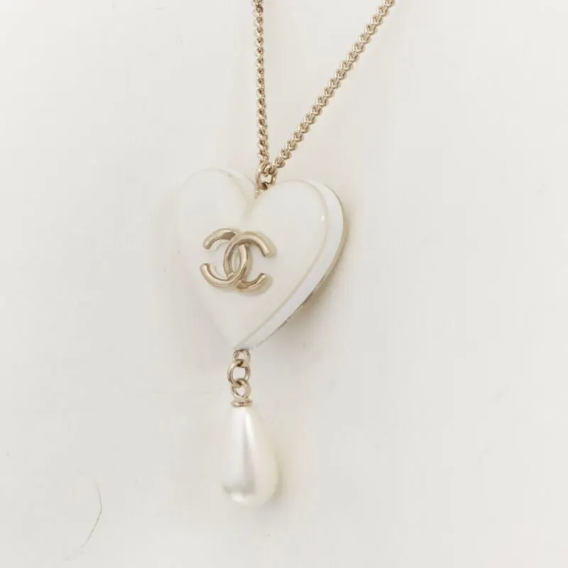 Chanel Heart Drop Necklace White Metal Never worn - Back View