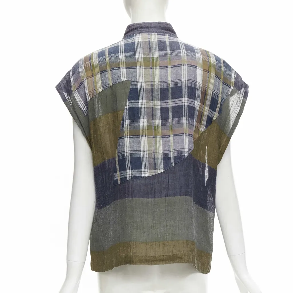 Issey Miyake Check Patchwork Vest MultiColor Linen Good - Front View
