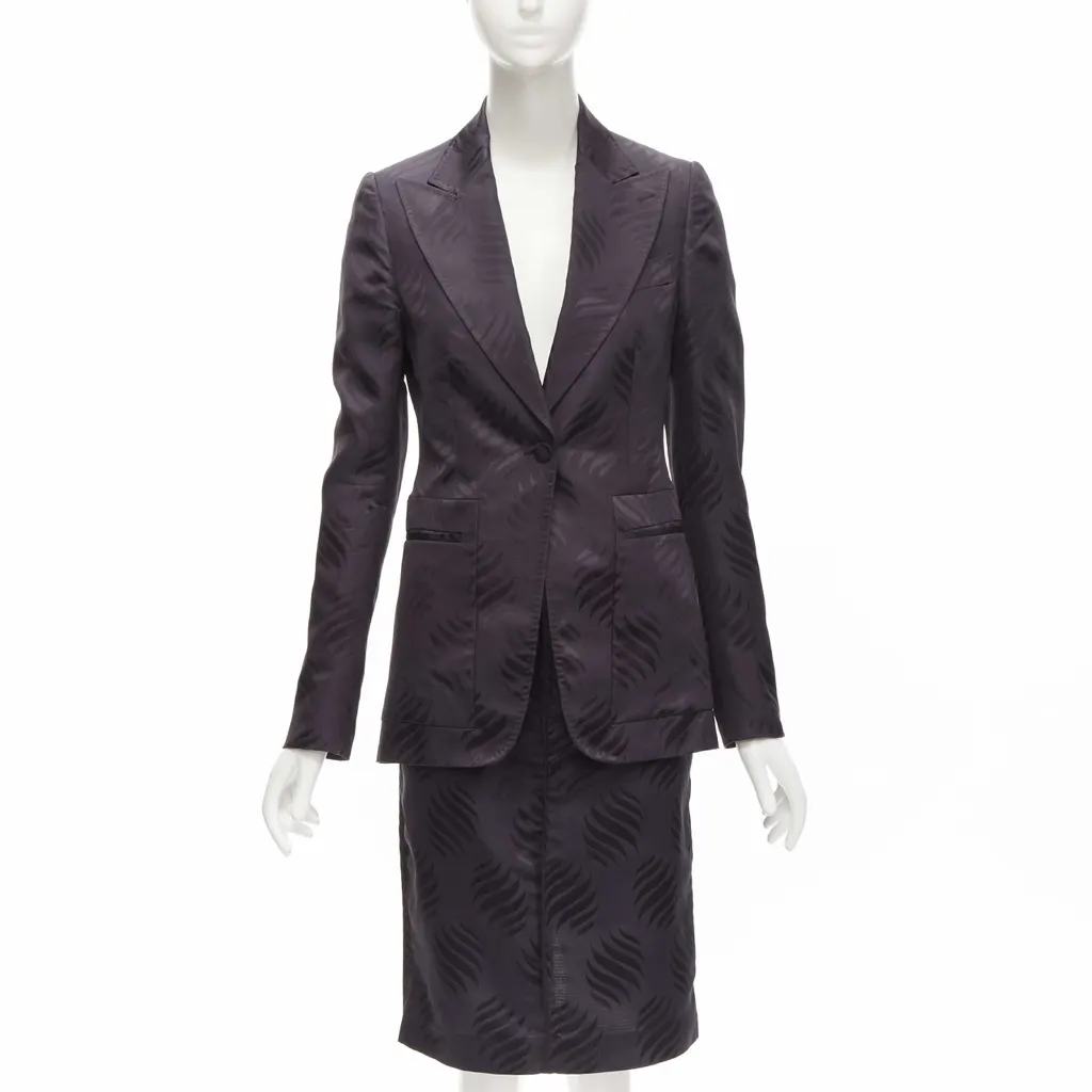 Gucci Black Jacquard Skirt Suit Purple Silk Very good - Front View