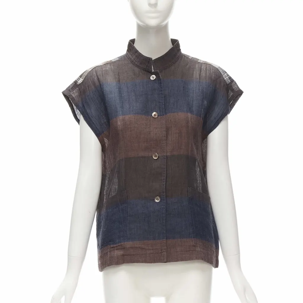 Issey Miyake Checked Patchwork Shirt Brown Linen Very good - Front View