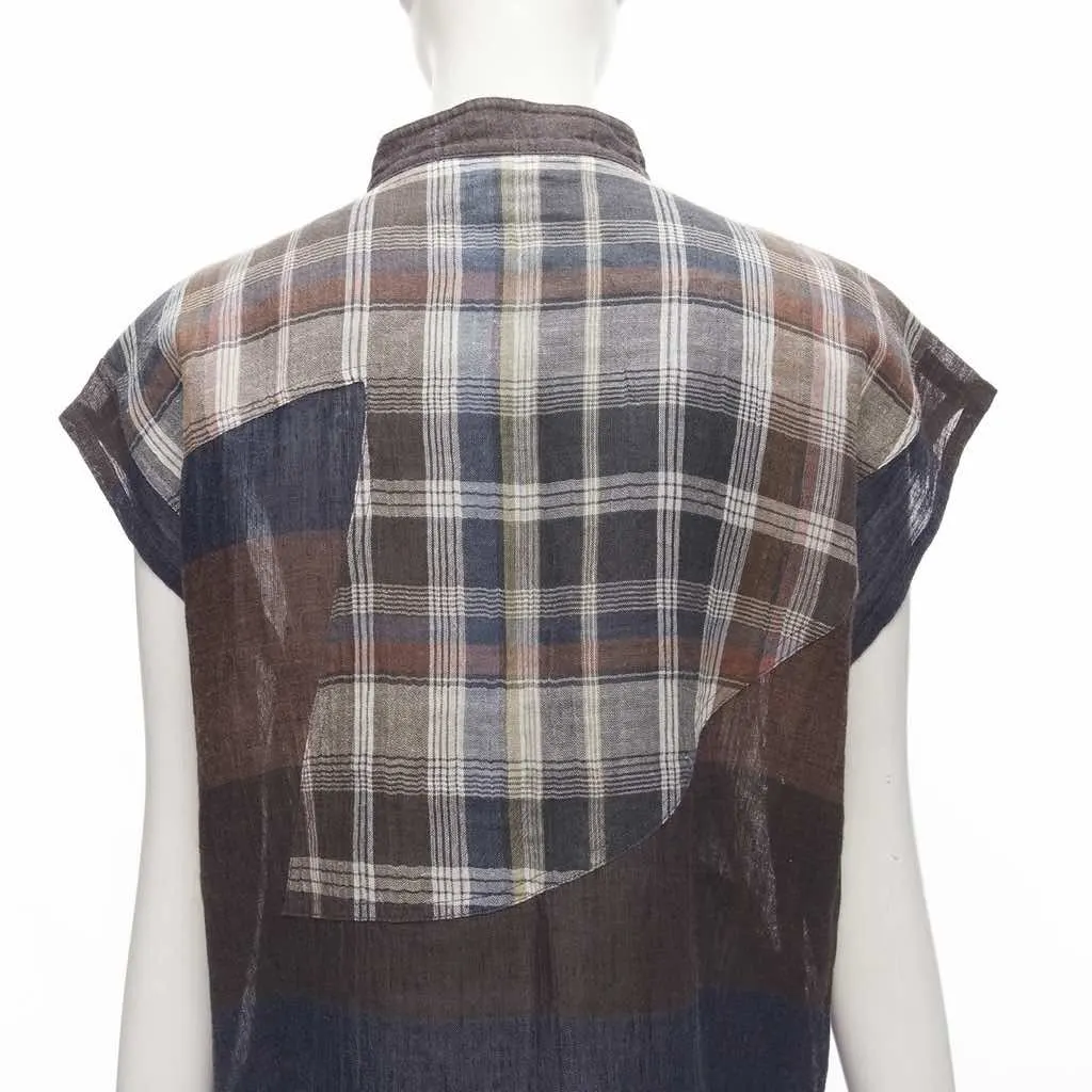 Issey Miyake Checked Patchwork Shirt Brown Linen Very good - Back View