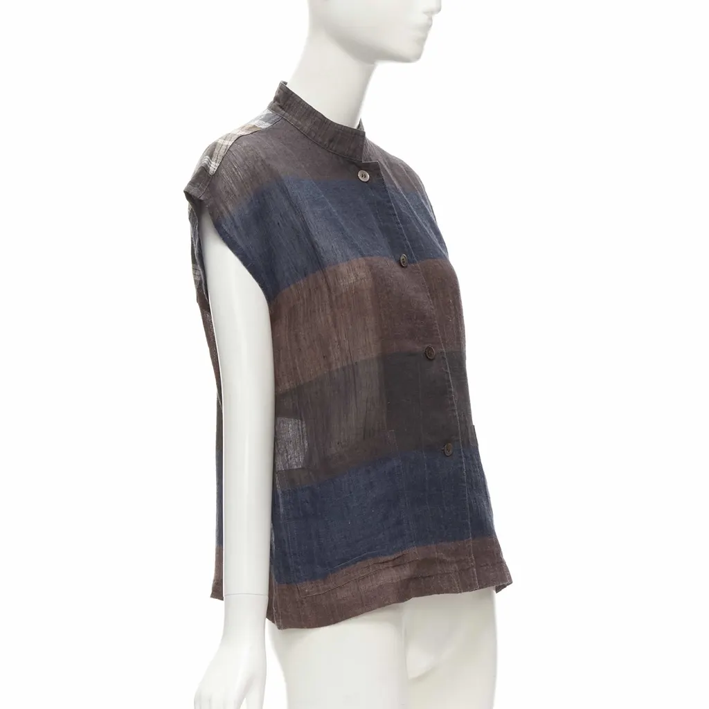 Issey Miyake Checked Patchwork Shirt Brown Linen Very good - Inside View