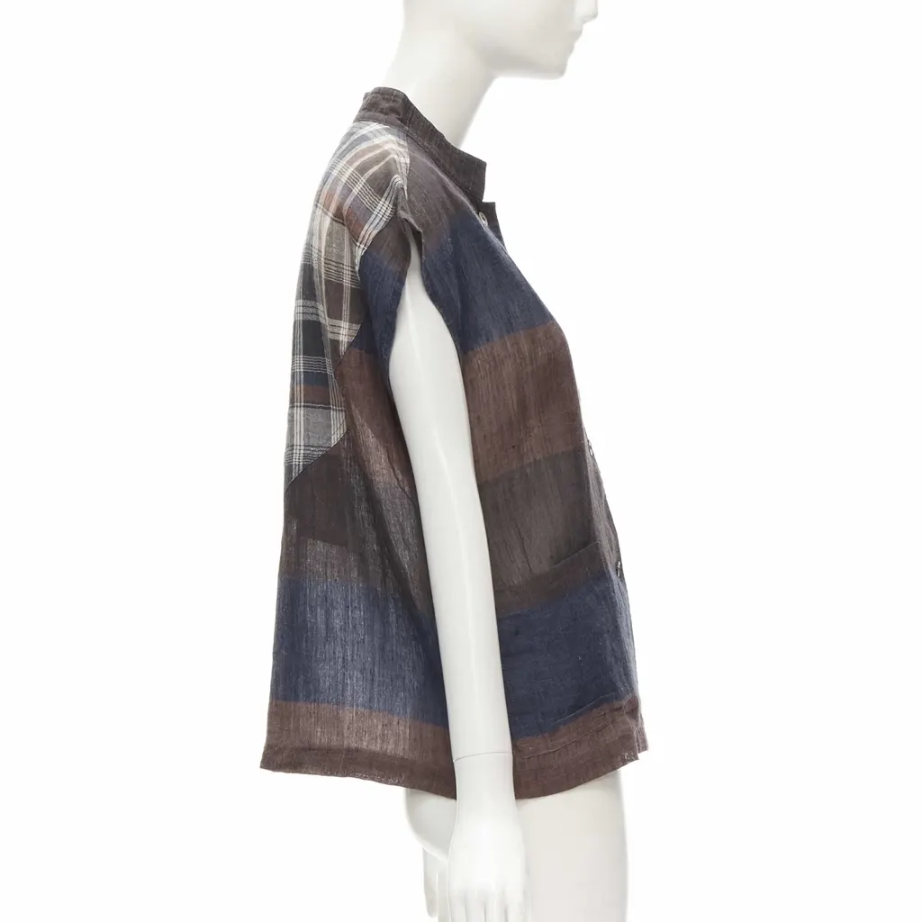 Issey Miyake Checked Patchwork Shirt Brown Linen Very good - Model View