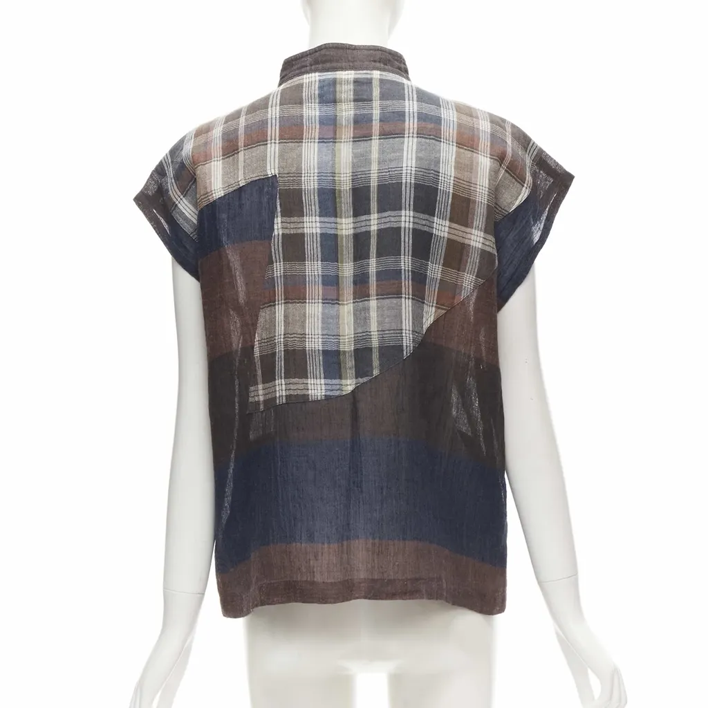 Issey Miyake Checked Patchwork Shirt Brown Linen Very good - Box View