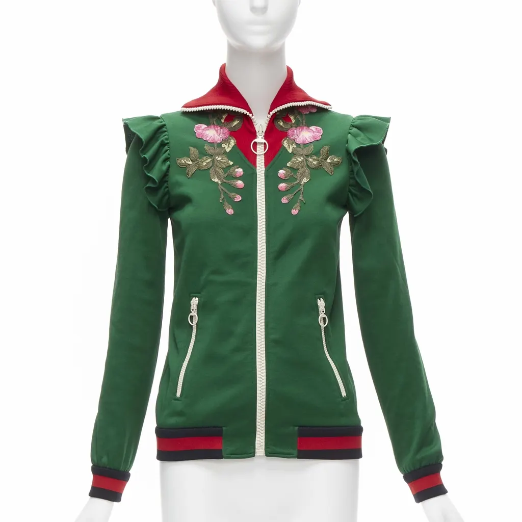 Gucci Floral Ruffled Jacket Green Polyester Very good - Front View