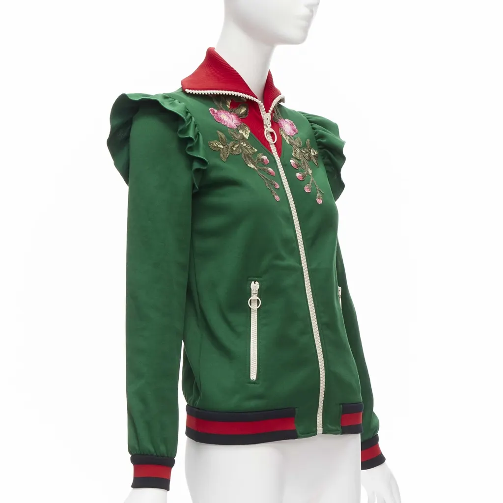 Gucci Floral Ruffled Jacket Green Polyester Very good - Model View
