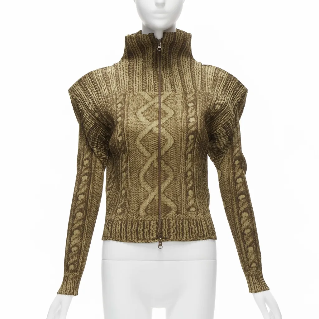 Pleats Please Cable Knit Jacket Brown Polyester Never worn - Front View