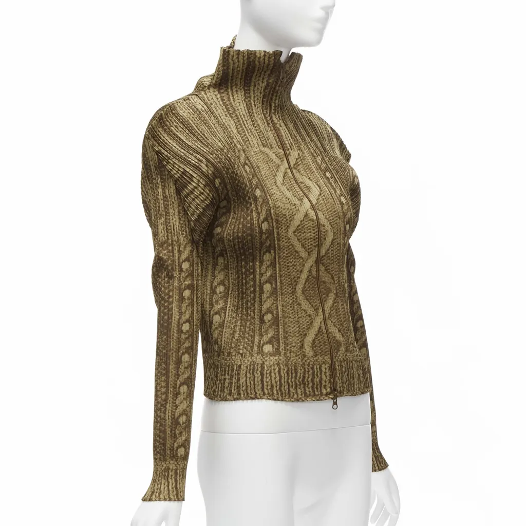 Pleats Please Cable Knit Jacket Brown Polyester Never worn - Model View