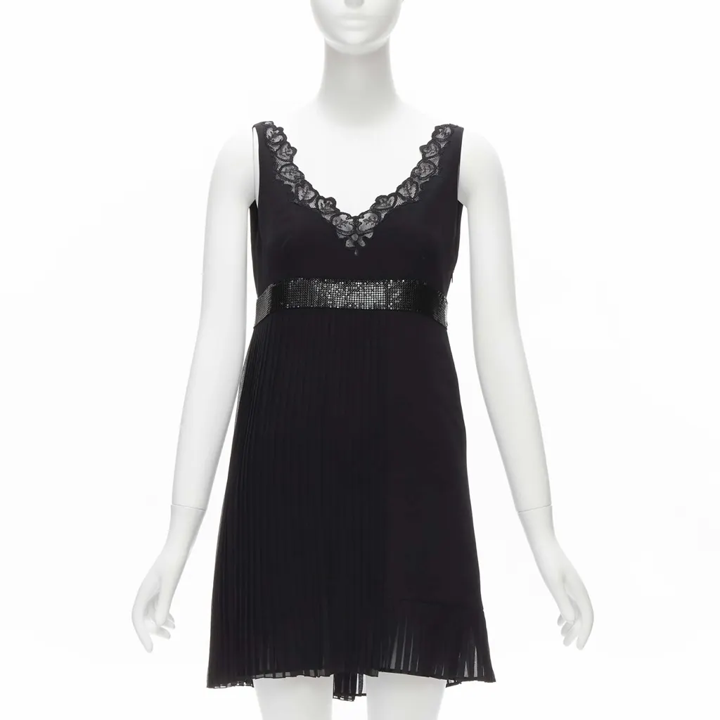 Versace Chainmail Trim Dress Black Silk Never worn - Front View