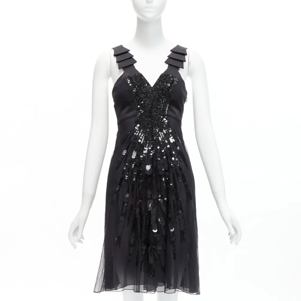 Versace Sequins Ruffle Dress Black Cotton Very good - Front View