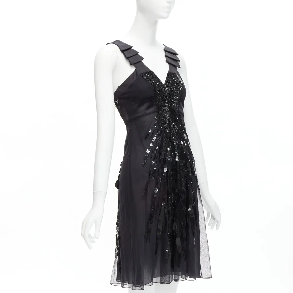 Versace Sequins Ruffle Dress Black Cotton Very good - Inside View
