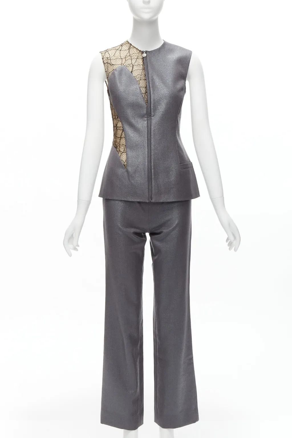 Gianni Versace Lace Vest Pants Grey Wool Never worn - Front View