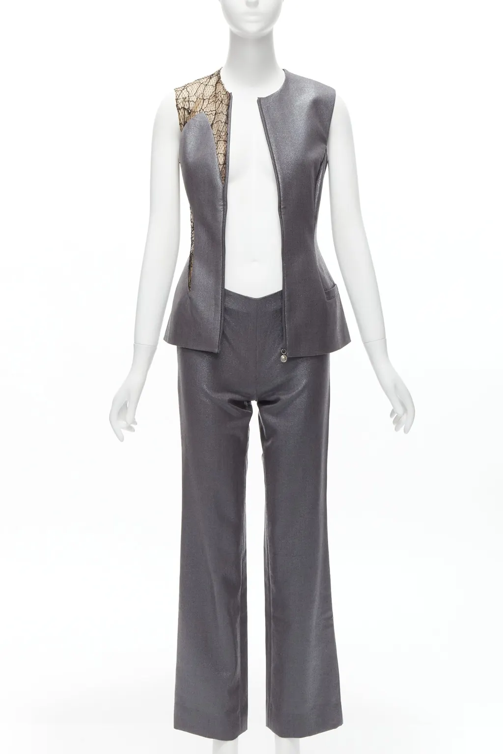 Gianni Versace Lace Vest Pants Grey Wool Never worn - Inside View