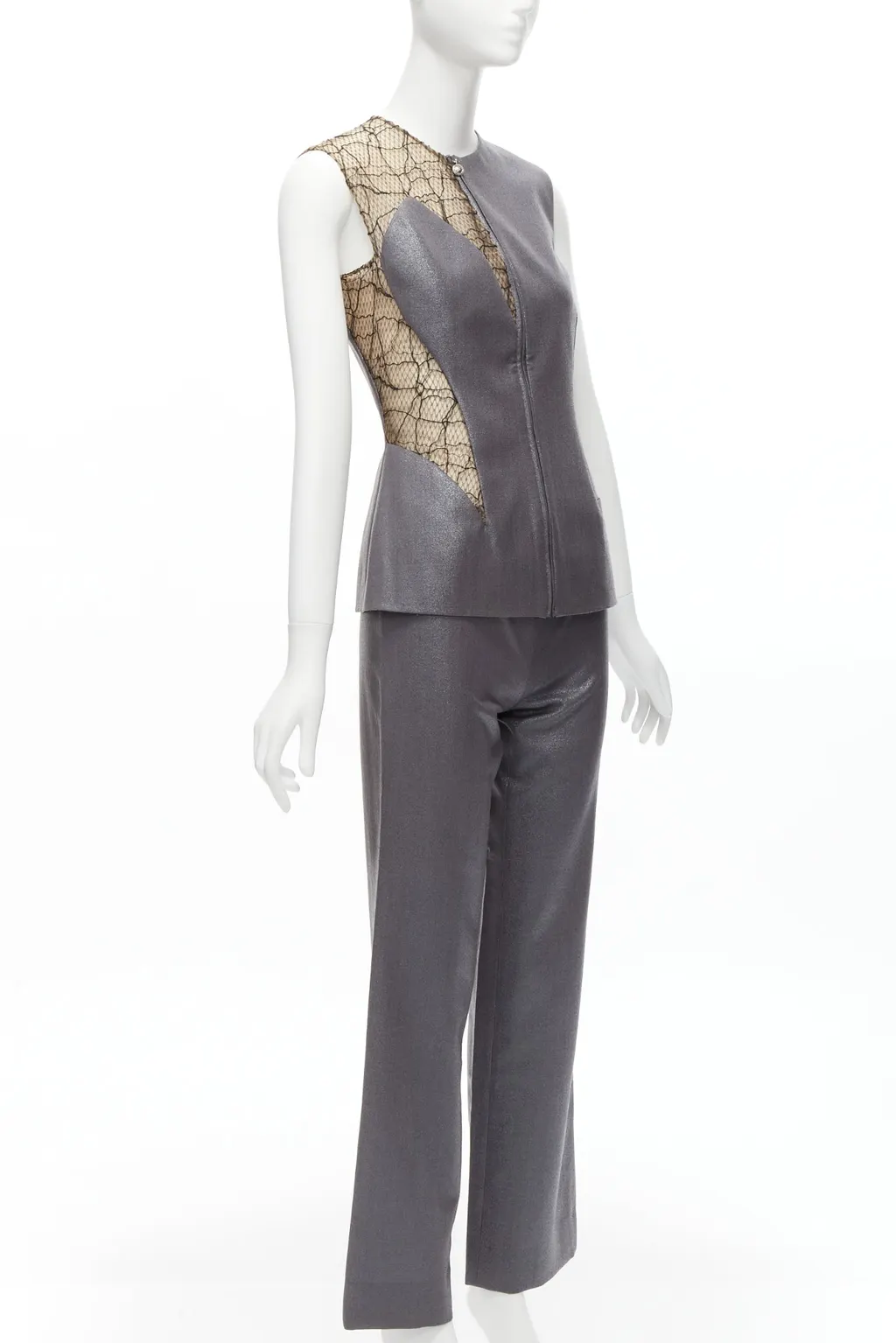 Gianni Versace Lace Vest Pants Grey Wool Never worn - Model View