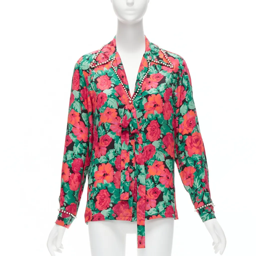 Gucci Floral Pearl Shirt Red Silk Never worn - Front View