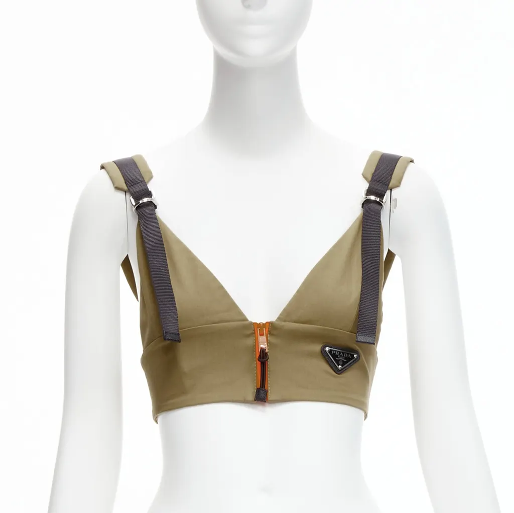 Prada Zip Strap Bra Top Green Cotton Never worn, with tag - Front View