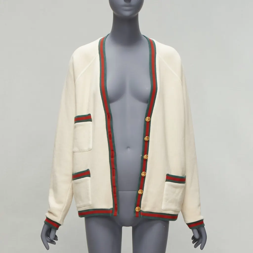 Gucci Green GG Cardigan Ecru Cotton Never worn - Inside View