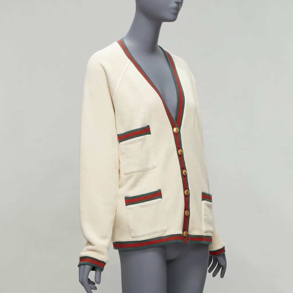 Gucci Green GG Cardigan Ecru Cotton Never worn - Model View