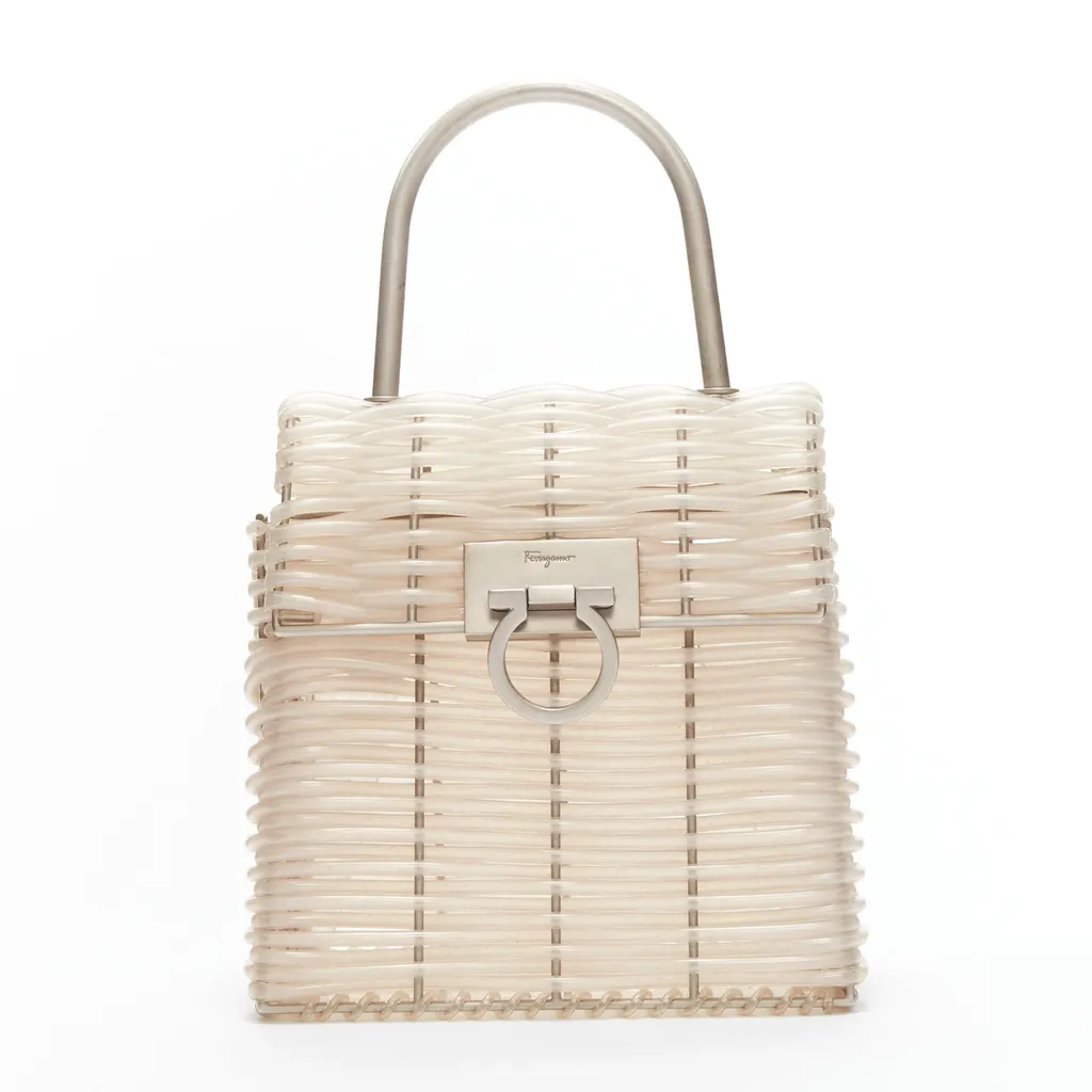 Salvatore Ferragamo Gancini Vinyl Bag Beige Metal Fair - Front View