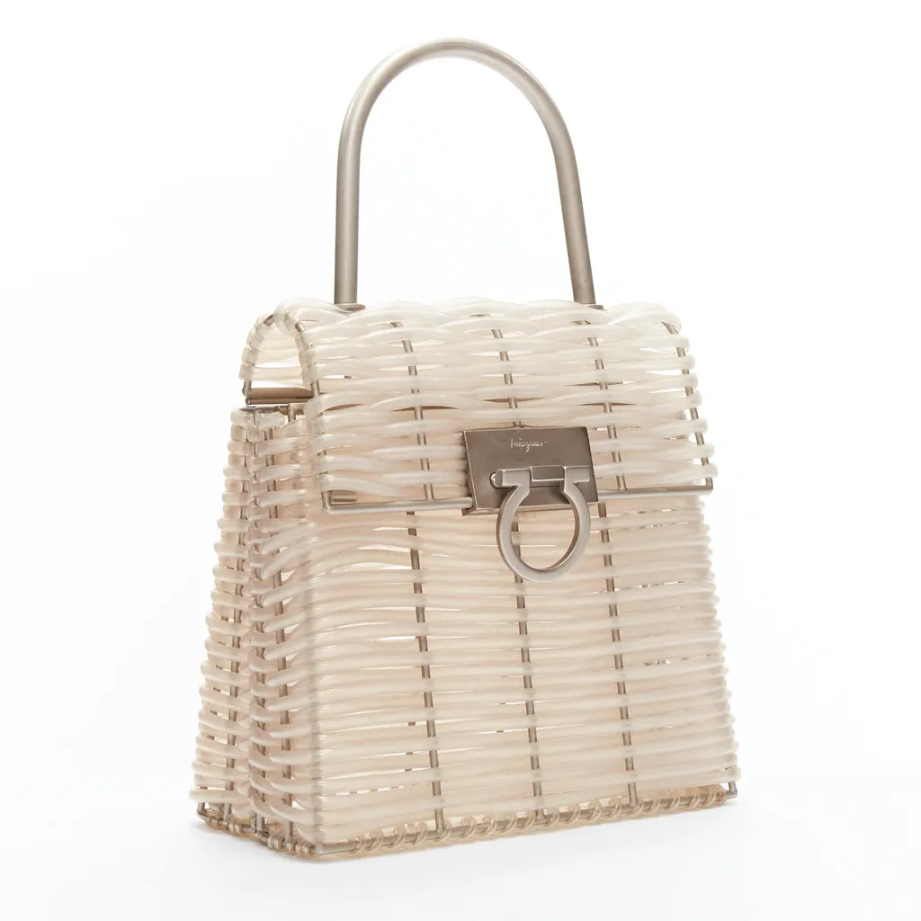 Salvatore Ferragamo Gancini Vinyl Bag Beige Metal Fair - Inside View