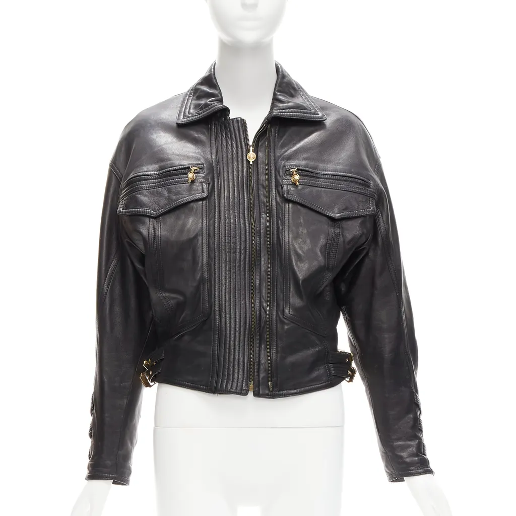Gianni Versace Bondage Buckle Bomber Black Leather Good - Front View