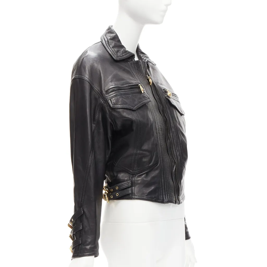 Gianni Versace Bondage Buckle Bomber Black Leather Good - Model View