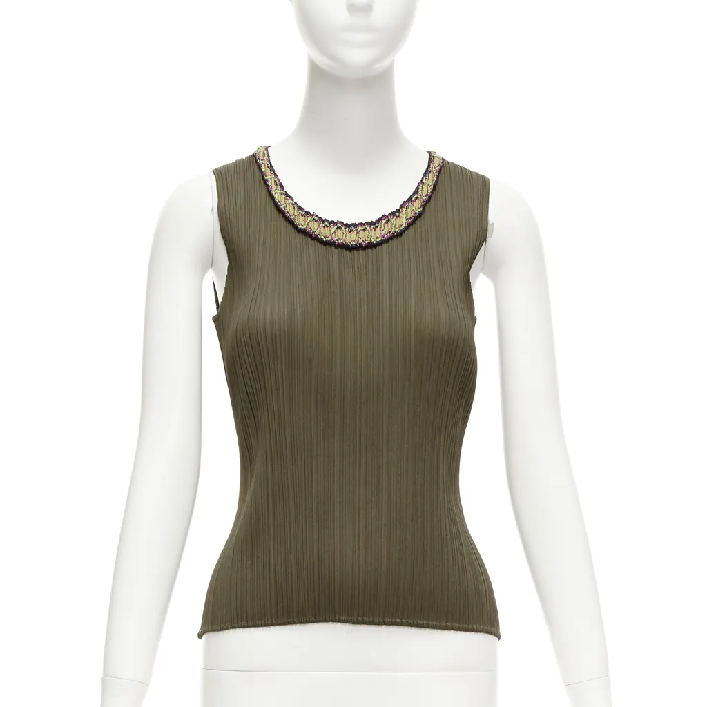 Issey Miyake Embroidery Plisse Vest Khaki Polyester Never worn - Front View