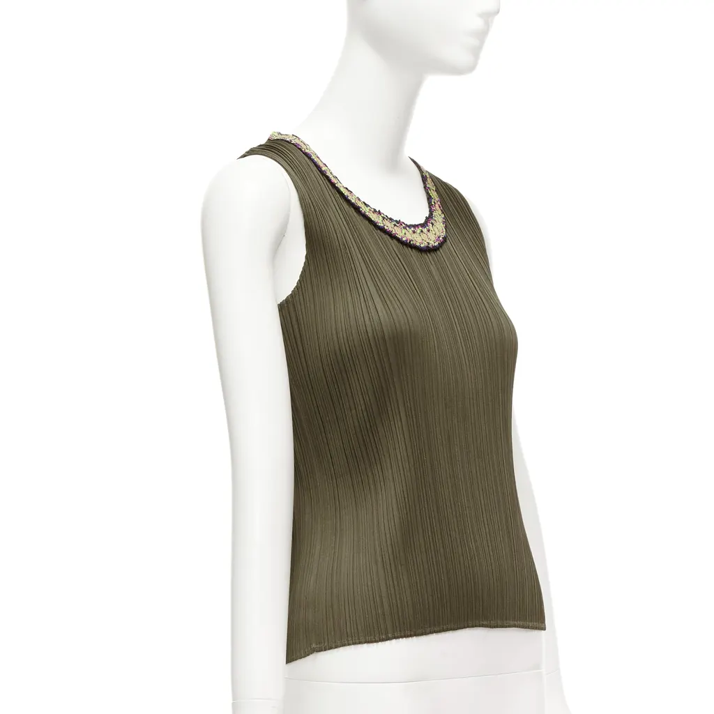 Issey Miyake Embroidery Plisse Vest Khaki Polyester Never worn - Inside View