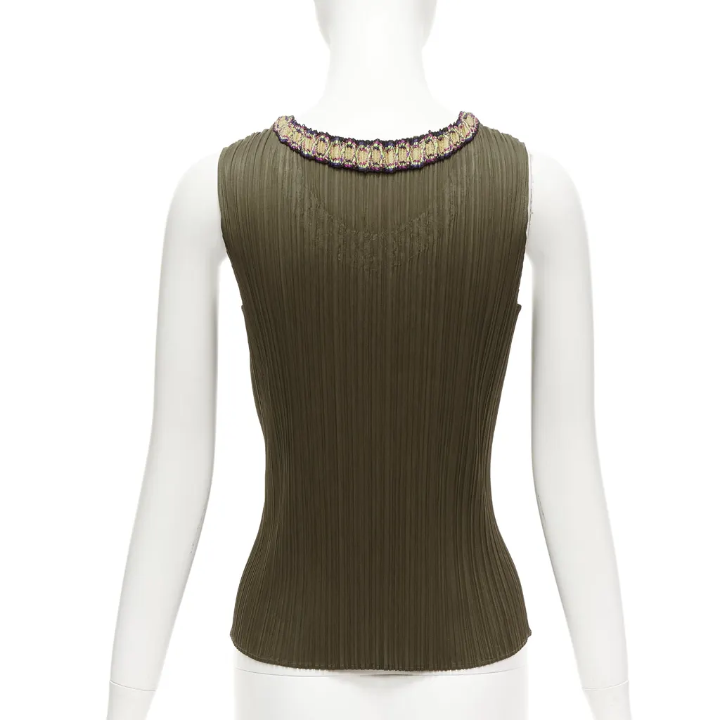 Issey Miyake Embroidery Plisse Vest Khaki Polyester Never worn - Box View
