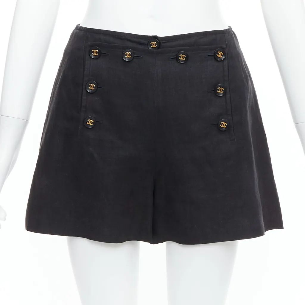Chanel Gold Sailor Shorts Black Linen Never worn - Front View