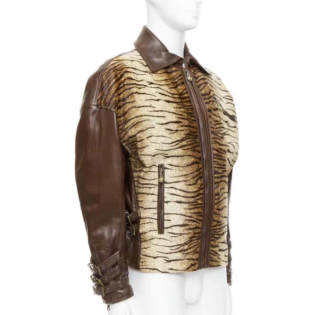 Gianni Versace Tiger Leather Bomber Brown Leather Good - Front View