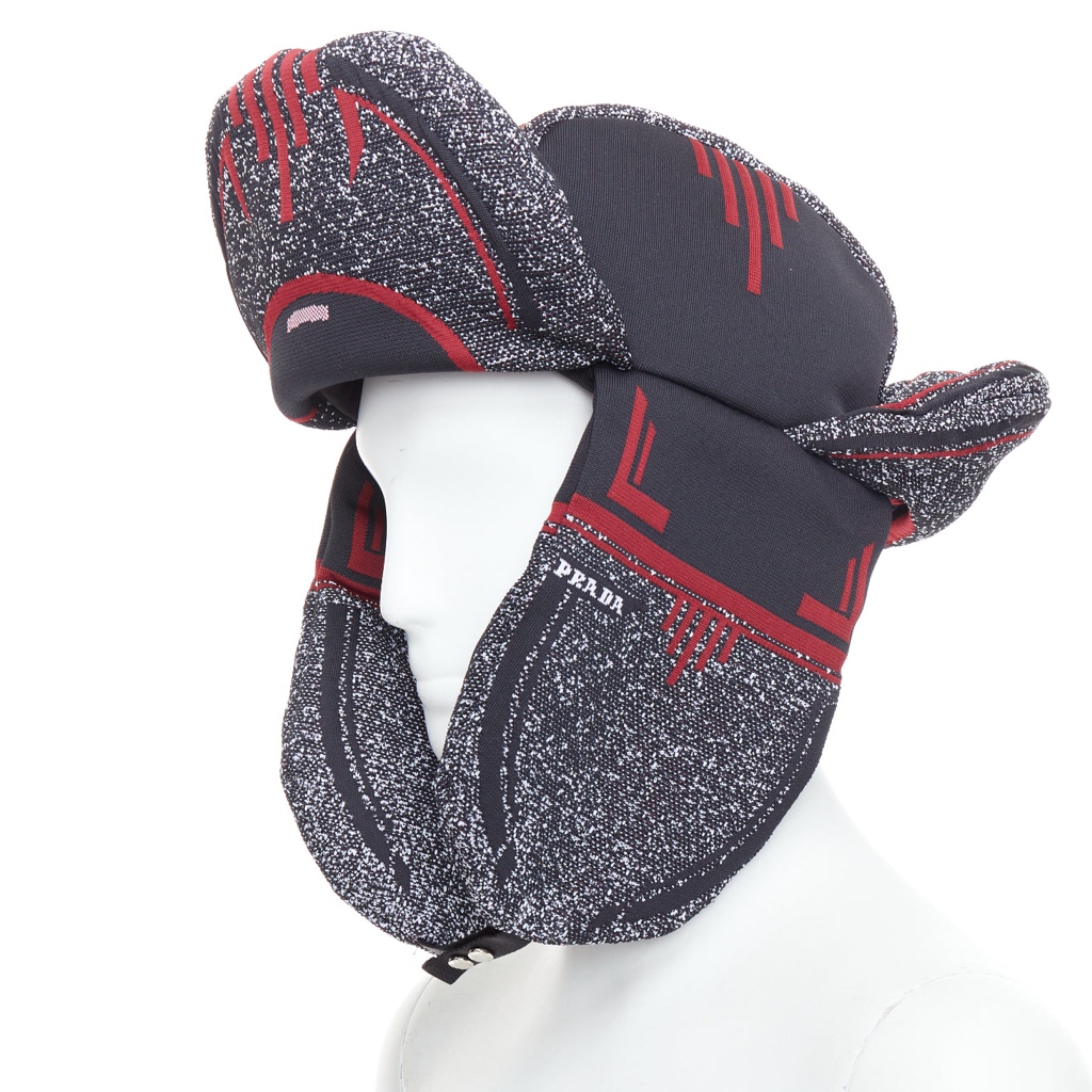 Prada Red Logo Trapper Hat - Back view